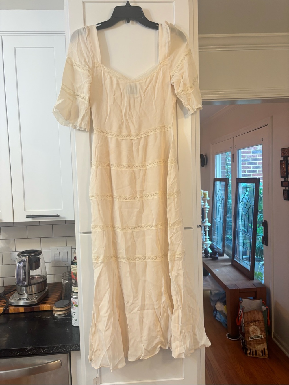new Reformation Laverna lace inset mid bell sleeve midi dress in cream - Picture 8 of 11